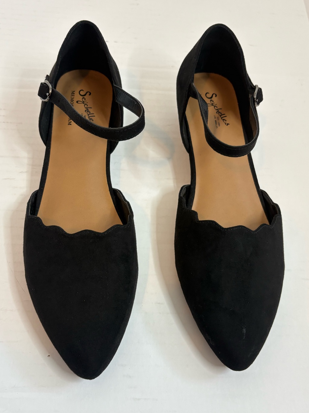 Seychelles Black Suede Pointed-Toe Flats Scalloped Edge Detail Ankle Strap